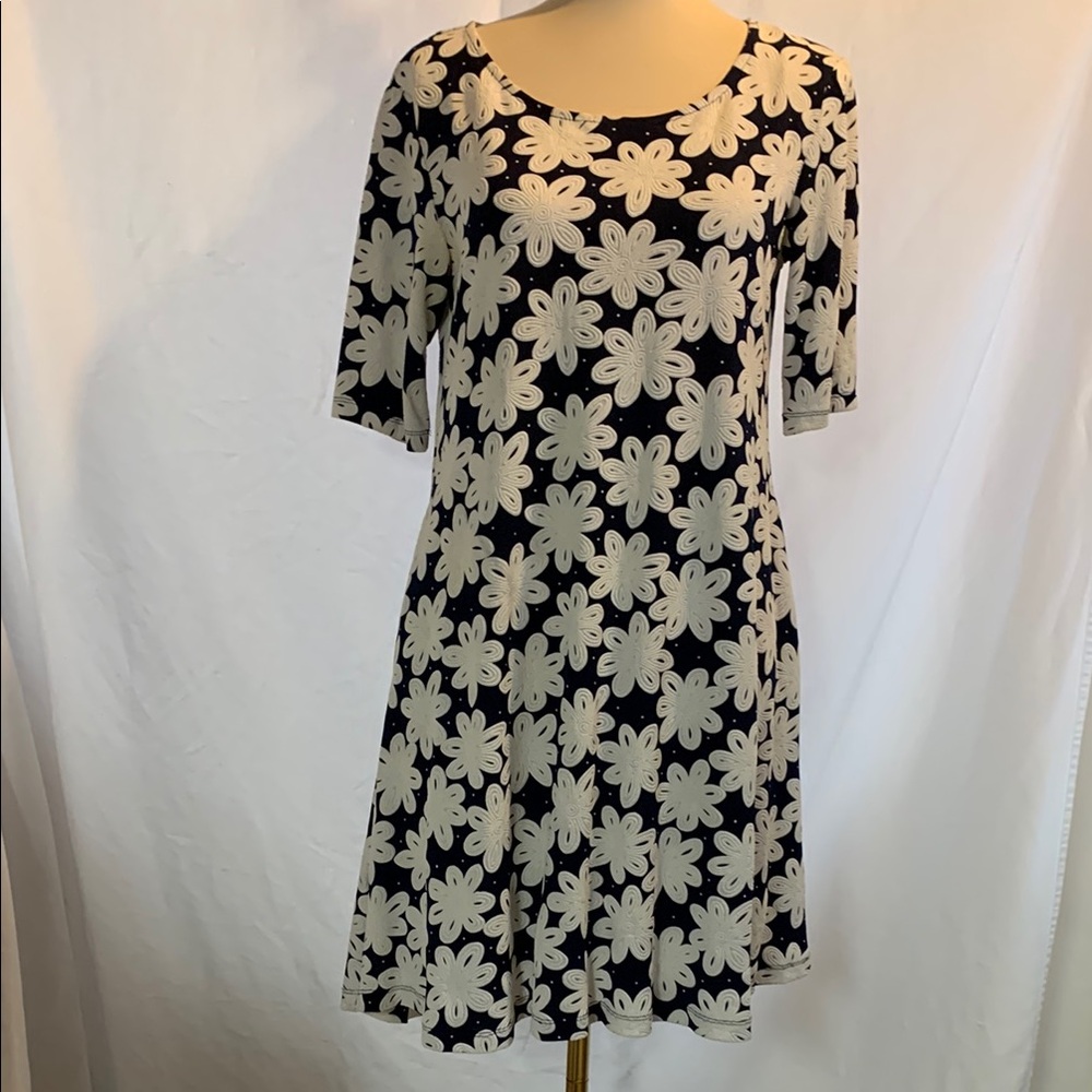 Nina Leonard Navy and White A-line Midi Dress